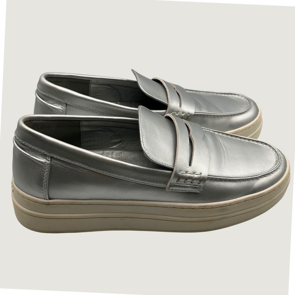 J/Slides NYC Silver Metallic Leather Platform Penny Loafers Womens Size 8.5